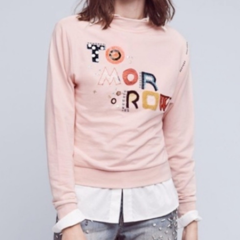 Anthropologie Postmark Pink Embroidered Tomorrow Multimedia Sweatshirt Small